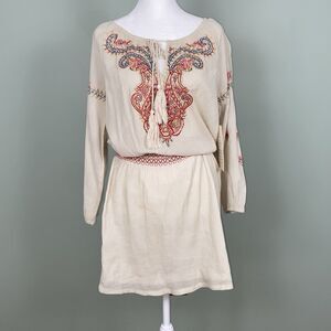 Boston Proper Embroidered Boho Smocked Dress Cotton Tassels Womens 8 Cream Gauzy